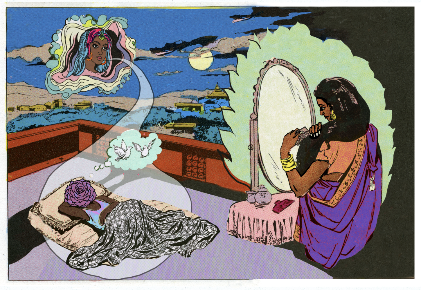 Chitra Ganesh, "Combing Hair on Balcony," courtesy of the artist.