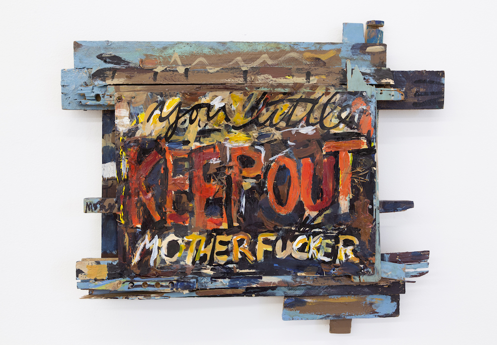 Cay Bahnmiller, "Home Sweet Home," 2003, oil, latex, Sharpie, dried flowers on metal sign and wood assemblage, 18 x 21.5 x 3 in, courtesy to the artist and What Pipeline.