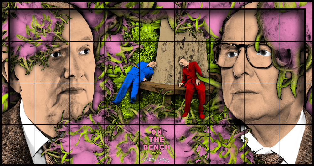 Gilbert & George, "ON THE BENCH," 2019, mixed media, 118 1/2 × 223 5/8 inches, courtesy of Gilbert & George and Sprüth Magers.