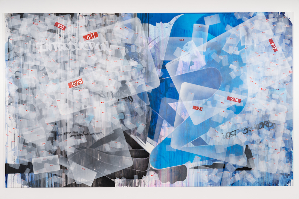Lee Quiñones, "Black and Blue," 2021, acrylic, spray paint, paint marker on linen, 80 x 132 inches, photo by ofstudio, courtesy to the artist and Charlie James Gallery.