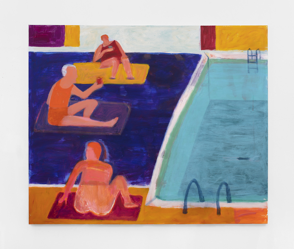 Katherine Bradford, "Drinks by the Pool," 2021, acrylic on canvas, 60 x 72 in, photo by Joe DeNardo, courtesy to the artist and kaufmann repetto.