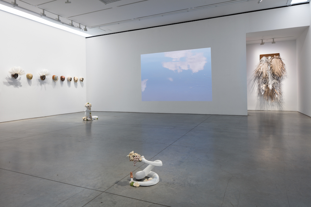 Installation view of Allison Janae Hamilton’s “A Romance of Paradise” at Marianne Boesky, photo by Lance Brewer.