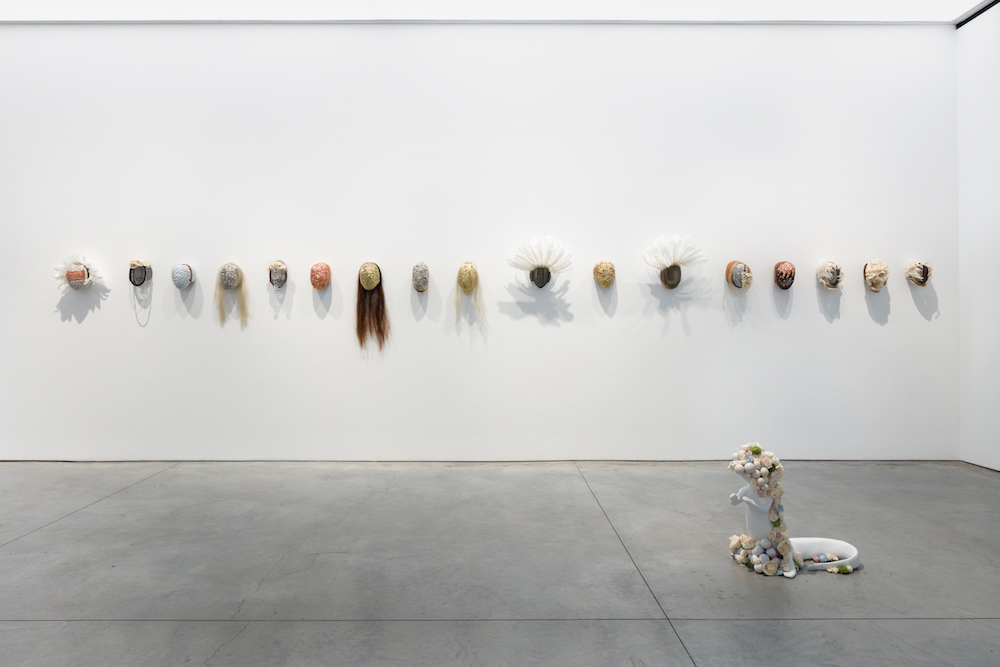 Installation view of Allison Janae Hamilton’s “A Romance of Paradise” at Marianne Boesky, photo by Lance Brewer.