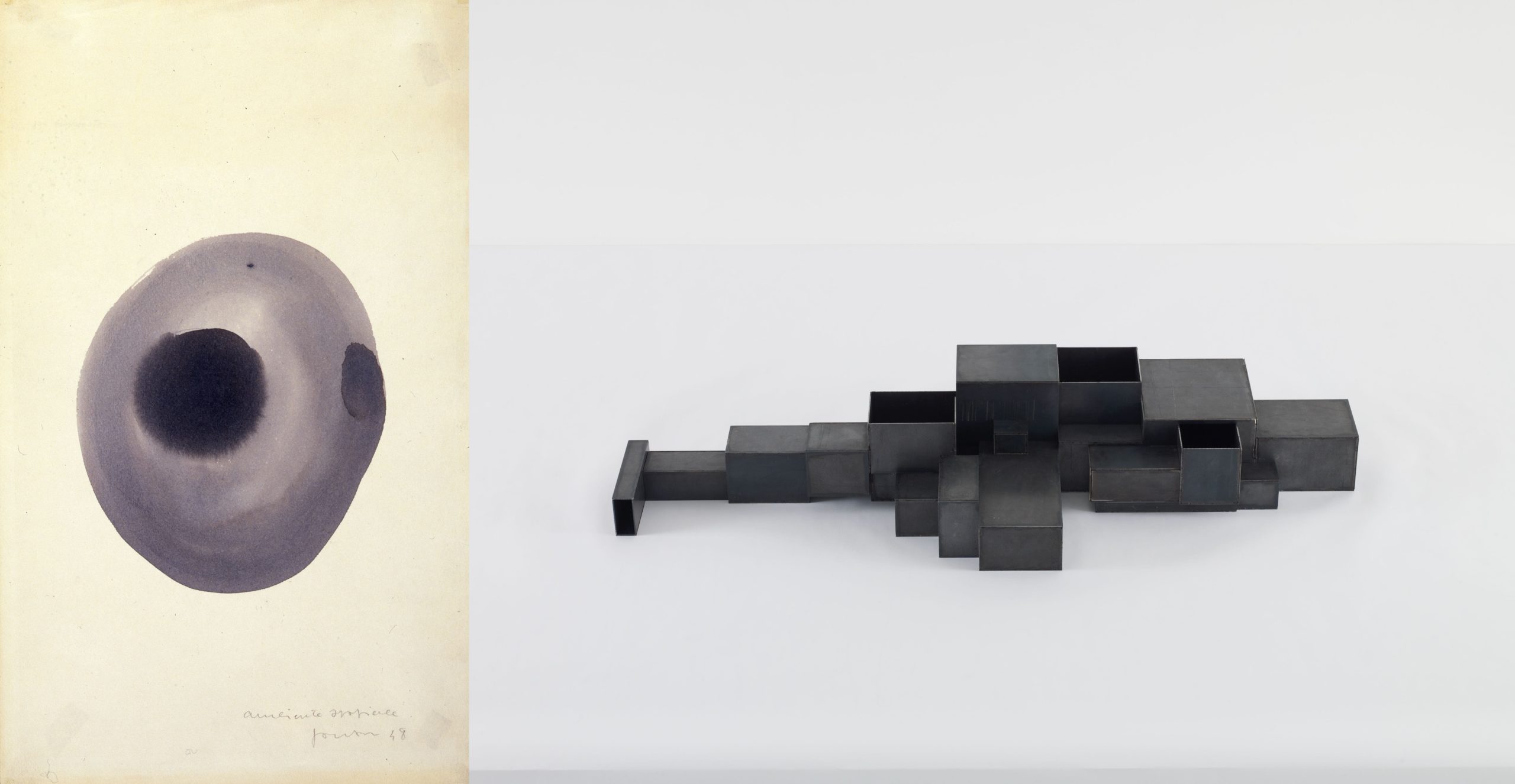 Left: Lucio Fontana, "Ambiente Spaziale,” 1948, 37,7 x 22,5 cm, gouache on paper, © Fondazione Lucio Fontana. Right: Antony Gormley, "Model Model 2,” 2022, 19.7 x 51.5 x 122.5 cm, 3 mm Corten steel, © Antony Gormley.