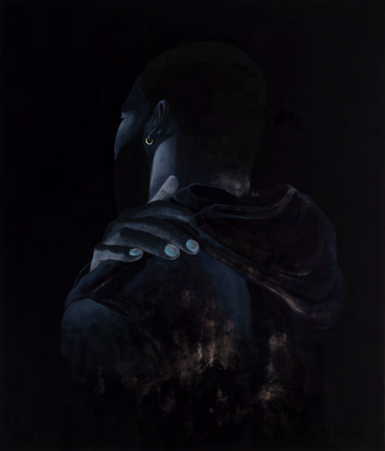 Dominic Chambers, Shadow Work (On Letting Go), 2021, oil on linen, 66 x 56 inches, courtesy of the artist and Lehmann Maupin, New York, Hong Kong, Seoul, and London.