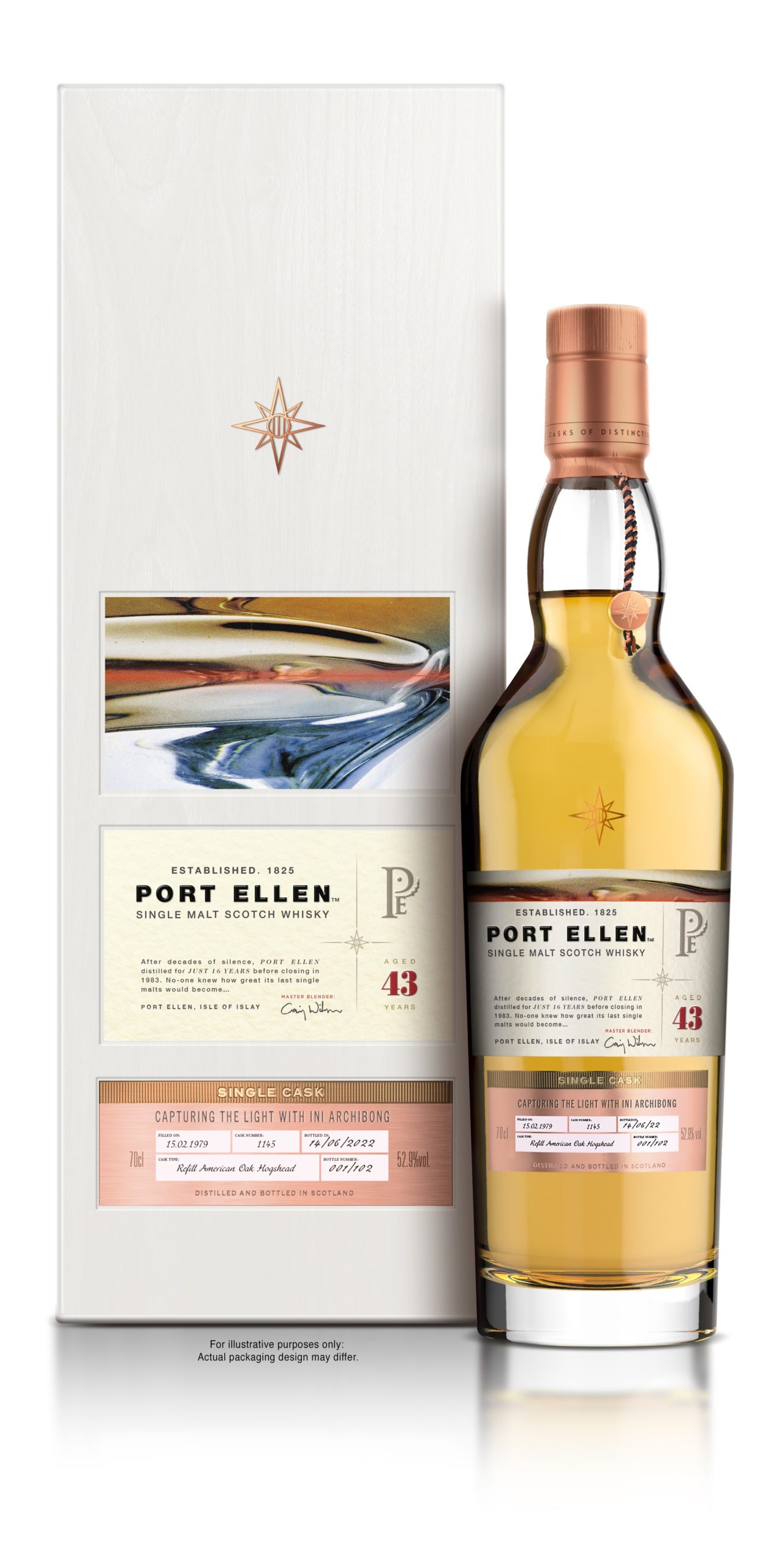 Ini Archibong and Port Ellen Distillery bottle, courtesy of Port Ellen.