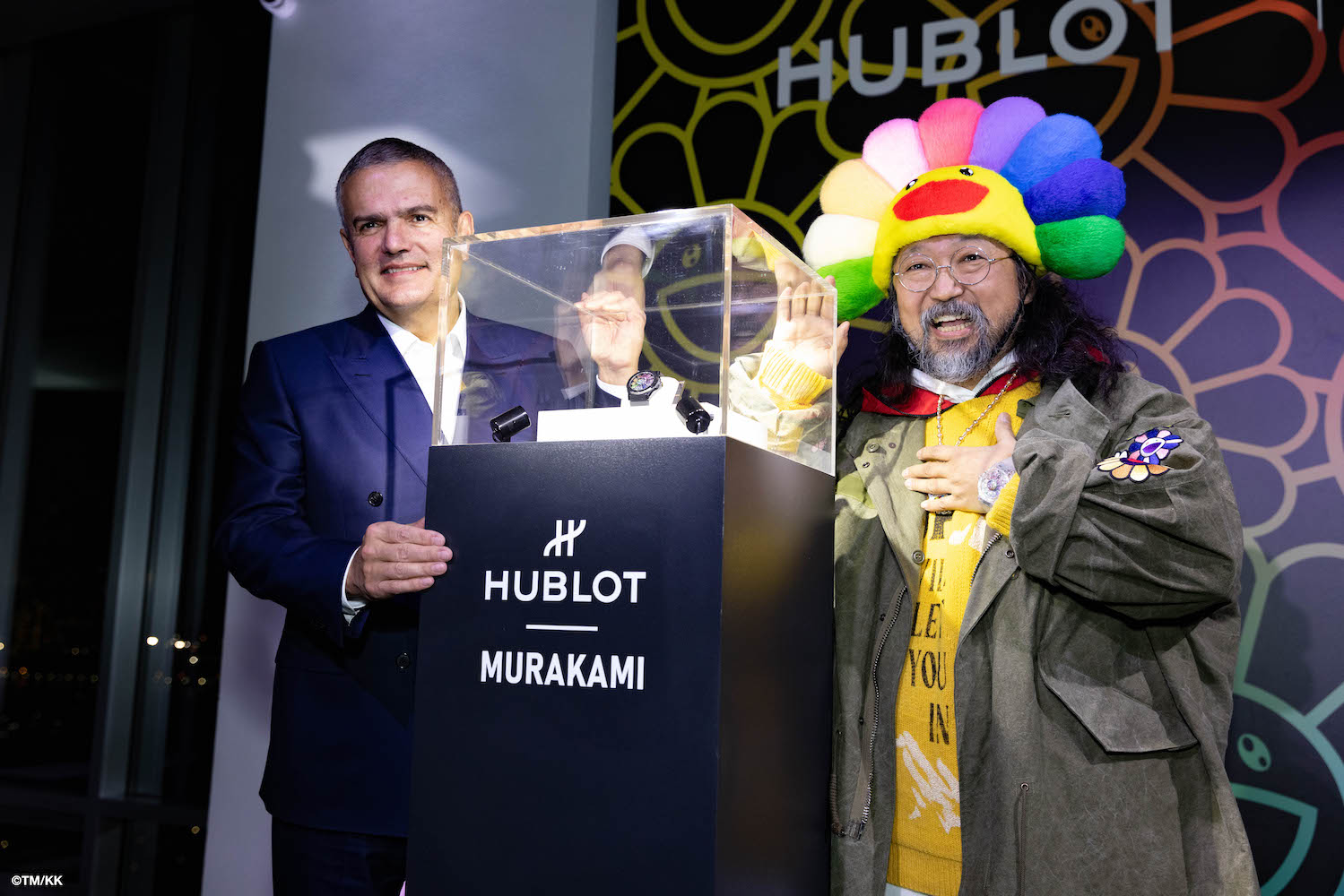 Hublot CEO Ricardo Guadalupe with Takashi Murakami with the Classic Fusion Takashi Murakami Black Ceramic Rainbow