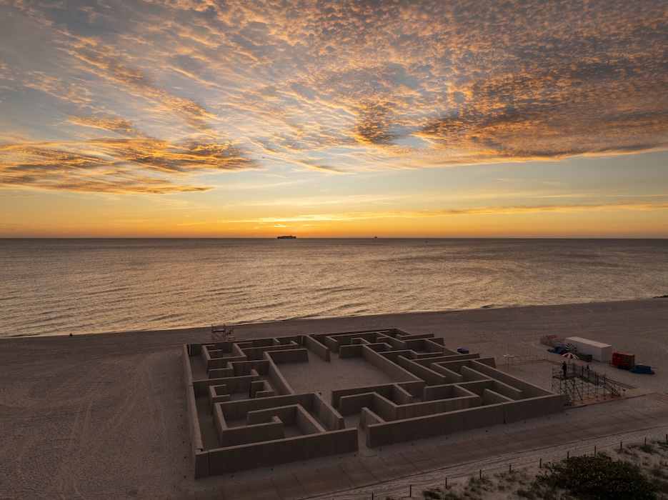 Installation view of “Maze: Journey Through the Algorithmic Self” (2023) on Faena Beach