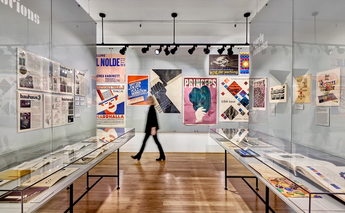 Installation view of “Bauhaus Typography at 100” poster wall