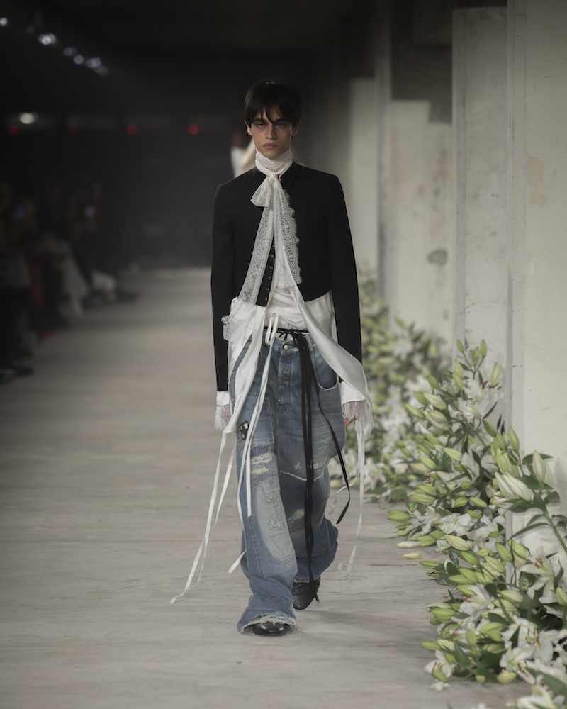 Model on the catwalk at the Ann Demeulemeester fashion show in Paris, Spring Summer 2025 Ready To Wear Fashion Week