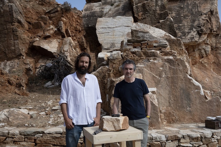 Marble sculptor Giorgos Palamaris and Creative Director Philippe Delhotal in an ancient outdoor amphitheater near Pyrgos on the island of Tinos