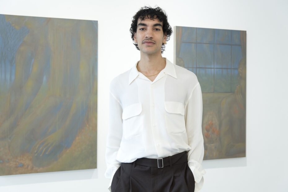 Portirait of Fabien Adèle at Almine Rech with "Blush" paintings in Paris, 2024