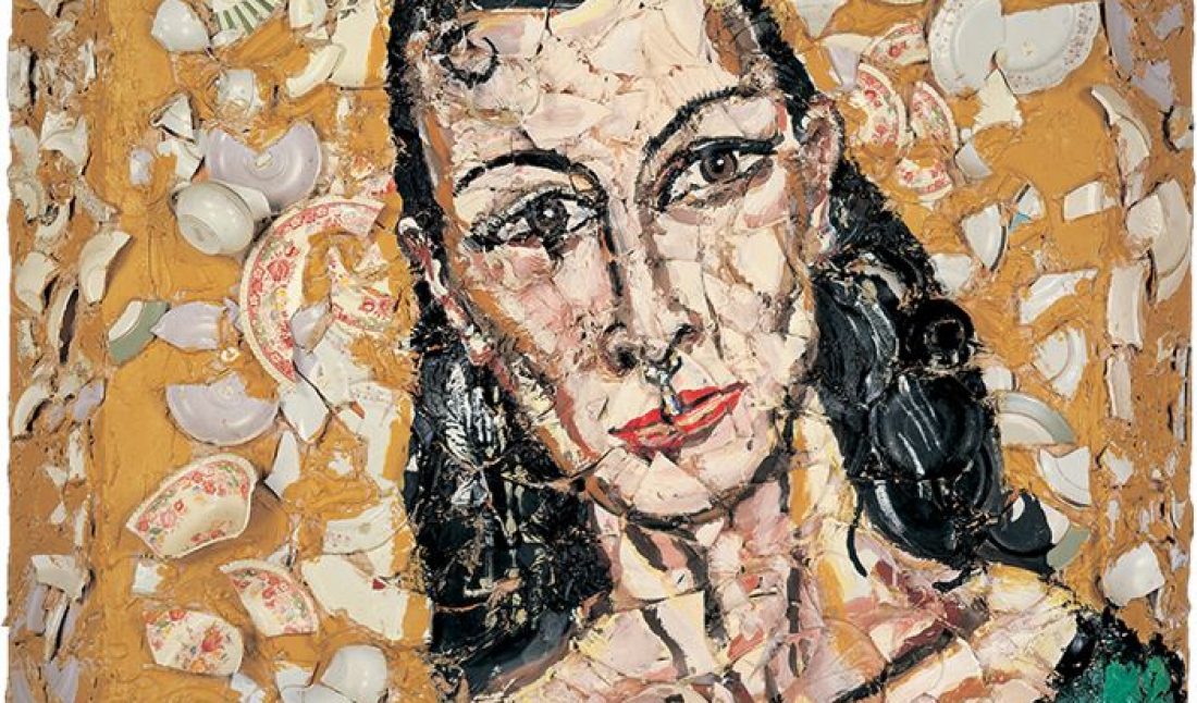 Julian SchnabelPortrait of Alba Clemente1987Oil, plates, and bondo on woodPrivate collection, New York© 2014 Julian Schnabel / Artist Rights Society (ARS), New York