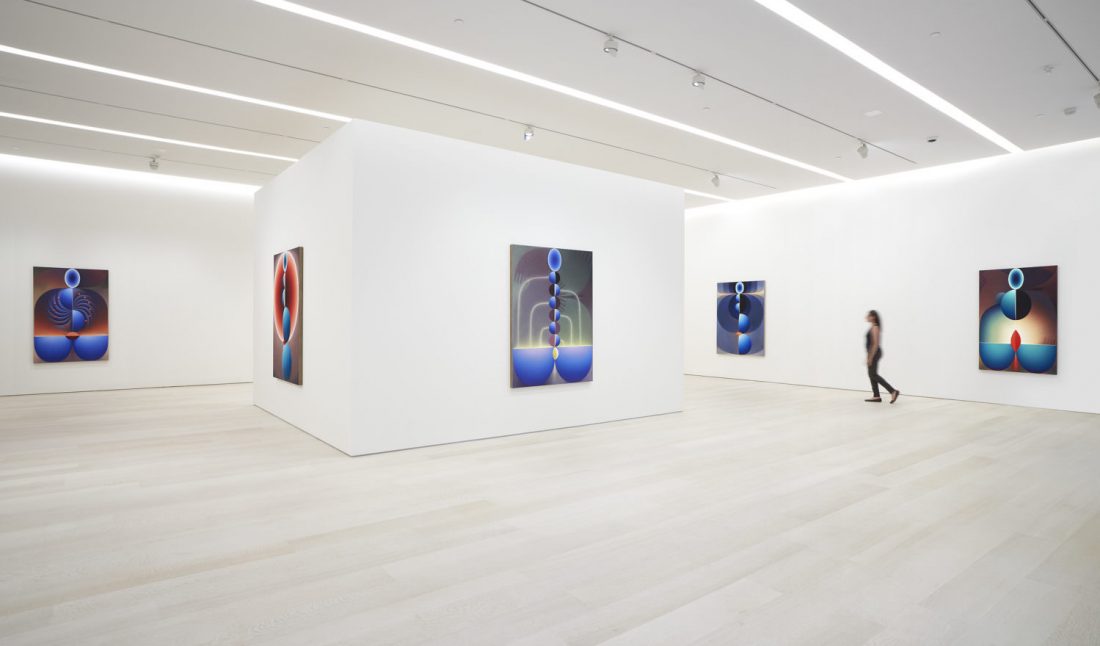 Installation view of
"Loie Hollowell: Plumb Line" 
540 West 25th Street, New York 
September 14–October 19,
2019 
Photo by Melissa Goodwin 
Courtesy of Pace Gallery.