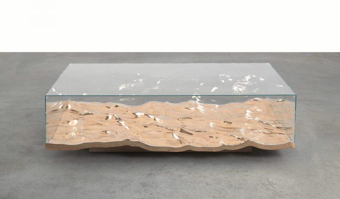 Mathieu Lehanneur 
Liquid Bronze Low Table  
2016 
Bronze, glass 
15.7H x 59.1L x 39.4W inches 
Courtesy of the artist, Carpenters Workshop Gallery, and UTA Art Space.