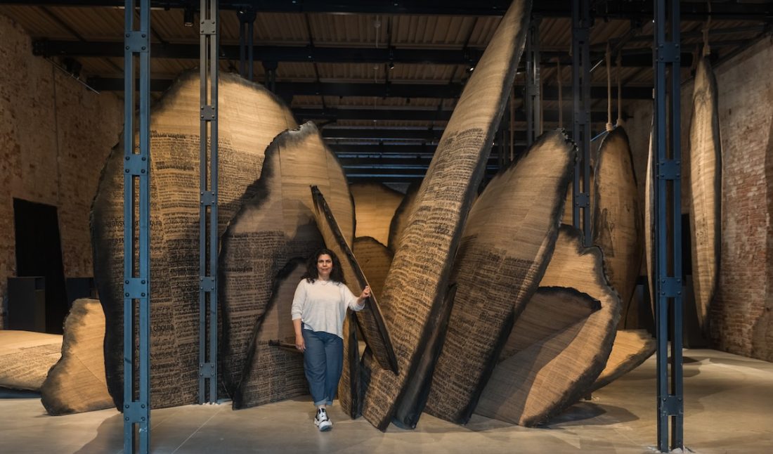 Manal AlDowayan with her commission for the National Pavilion of Saudi Arabia, Shifting Sands: A Battle Song, 2024