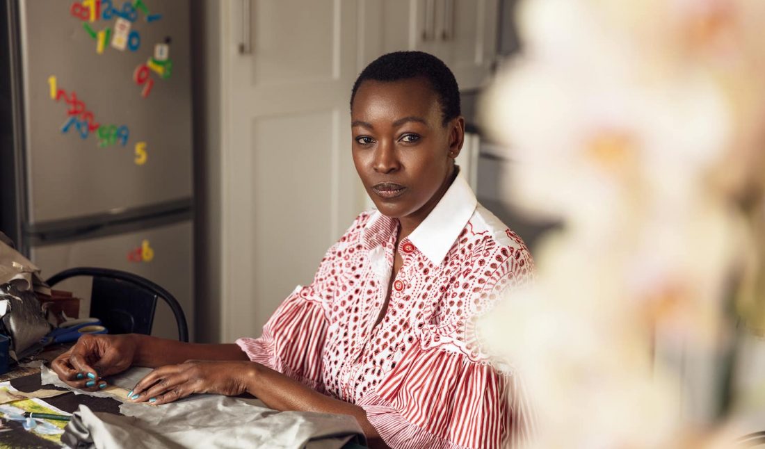 Billie Zangewa in her studio, photo by Jurie Potgieter, courtesy the artist and Lehmann Maupin, New York, Hong Kong, Seoul, and London.