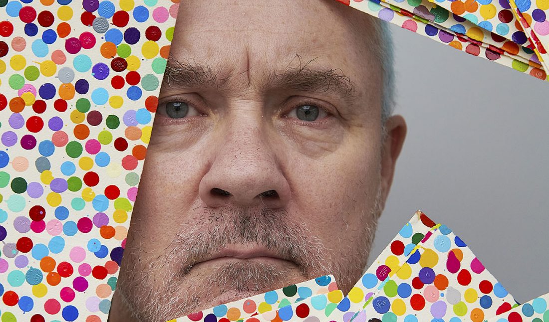 Damien Hirst with The Currency artworks, 2021.